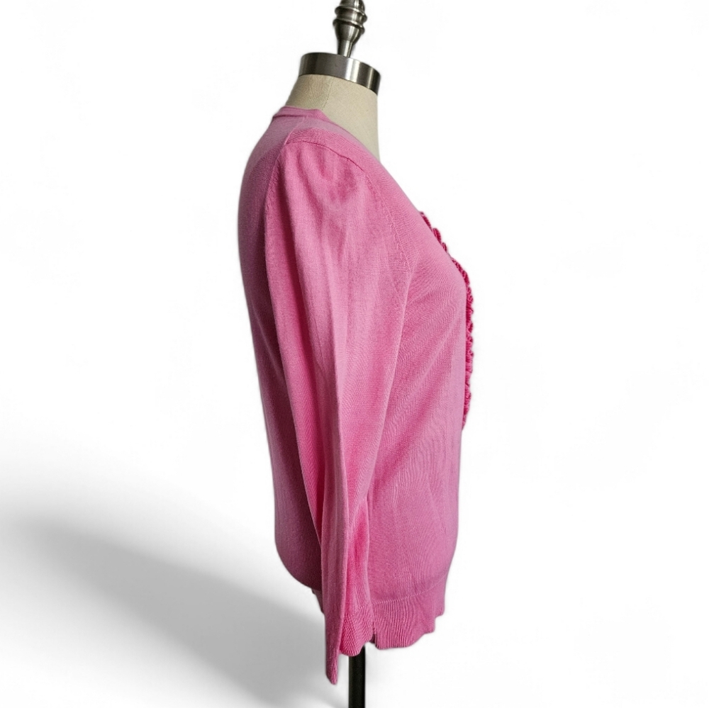 TALBOTS Pink Ruffle Front Gold Button Knit Cardigan | SZ M - Picture 2 of 7